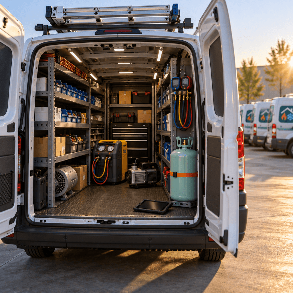 Shelves of parts inside a Pellwood service van